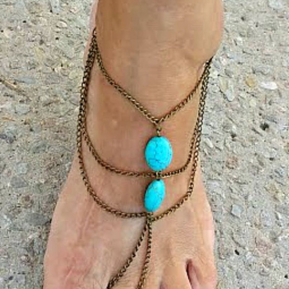 Turquoise Slave Style Toe Ring Anklet - Picture 3 of 3